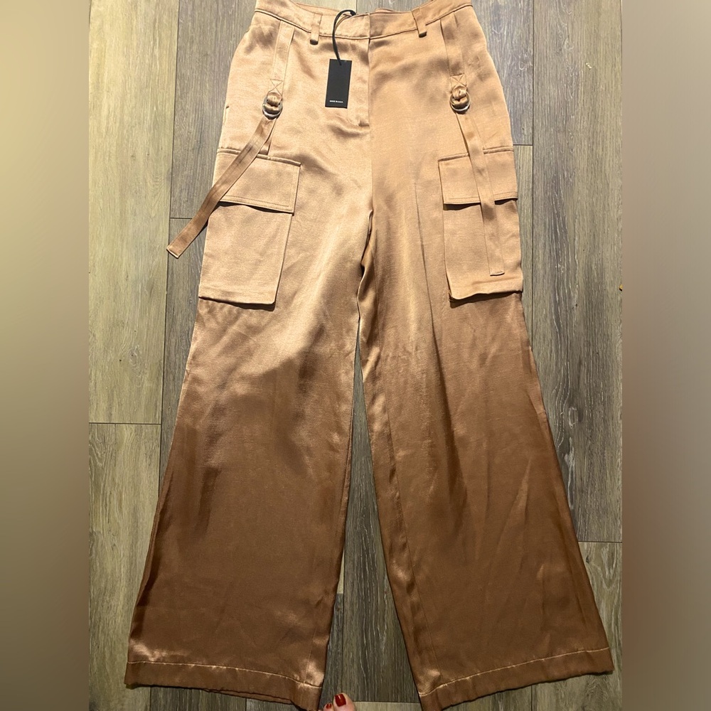 ABS Allen Schwartz Satin Wide-Leg Cargo Pants in Copper Brown